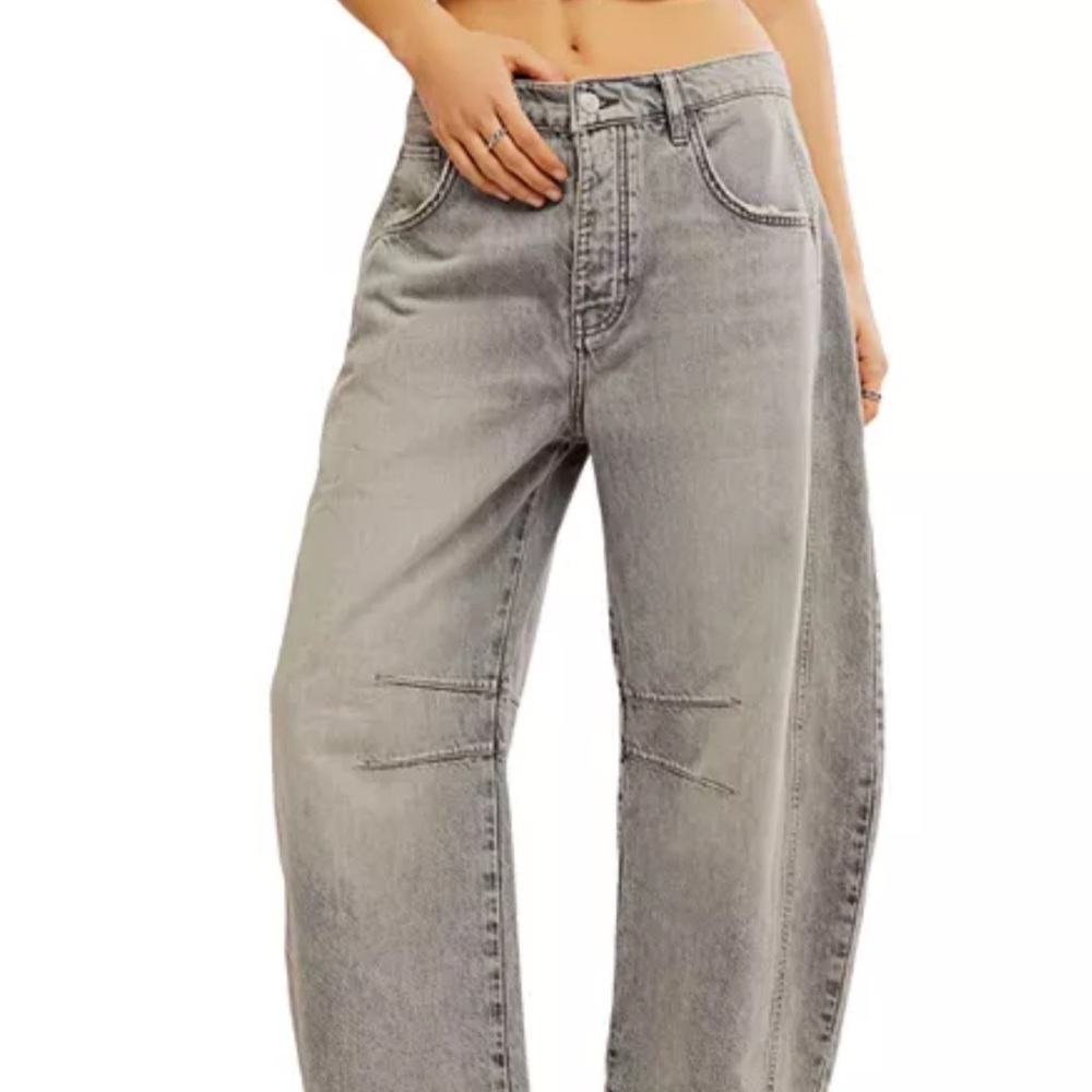 Free People Good Luck Mid Rise Barrel Jeans Falcon Grey